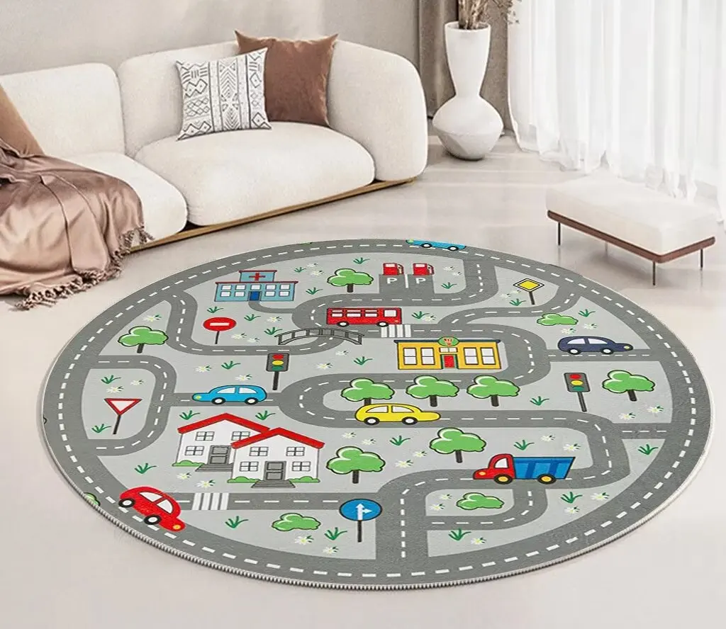 Traffic Road Round Carpet Children\'s Room Decoration Rugs Nursery Baby Crawl Game Non-slip Floor Mat Kids Bedroom Customizable