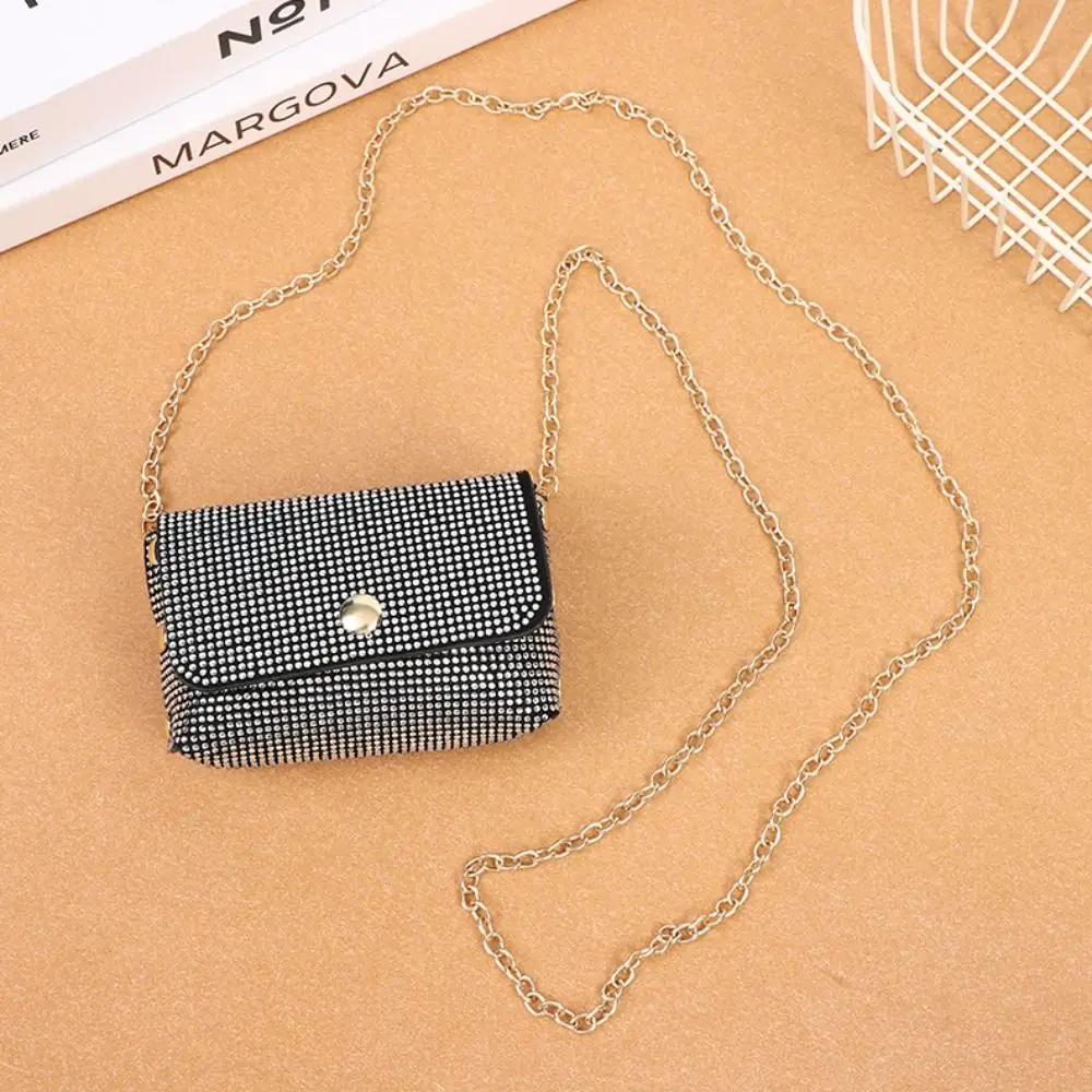 Girls Korean Style Chain Crossbody Bag Shiny Rhinestone Metal Chain Coin Purse Silver Pu Leather Lipstick Bag Women