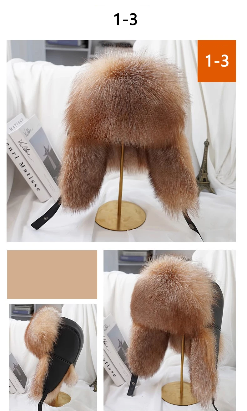 Winter 100% Echtes Silberfuchsfell Bombermütze Waschbärpelz Mütze Neue Herren-Ushanka Trapper Russische Herren-Skimütze Echte Lederkappen – Detail 19
