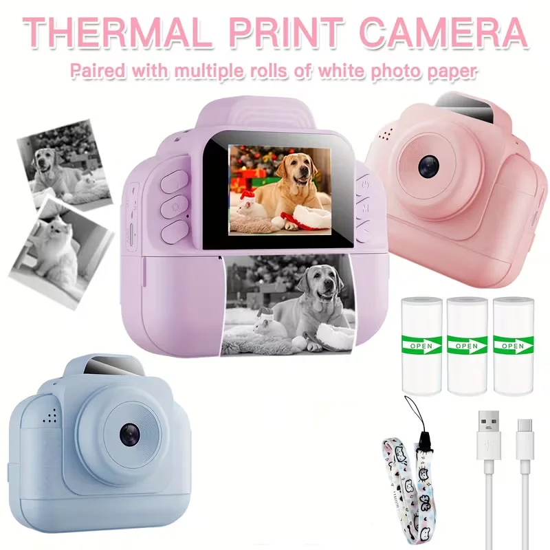 Children's Instant Print Camera, with 3 Rolls of Print Paper, 2.4-Inch High-Definition Photo Printer, 1080P Video, MP3 Player, g