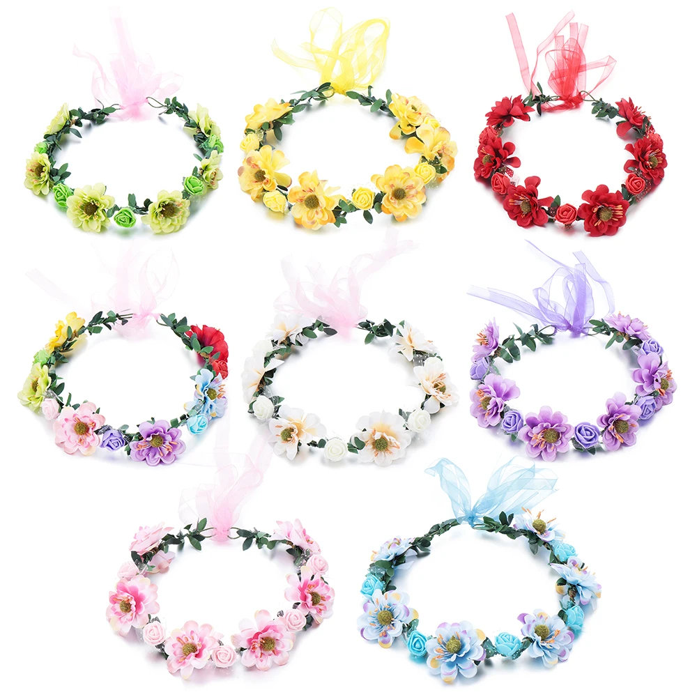 Fashion Bohemia Garland Flower Crown with Ribbon Women Bridal Rose Crown Sweet Girl Floral Wreath Wedding Party Beach Headband