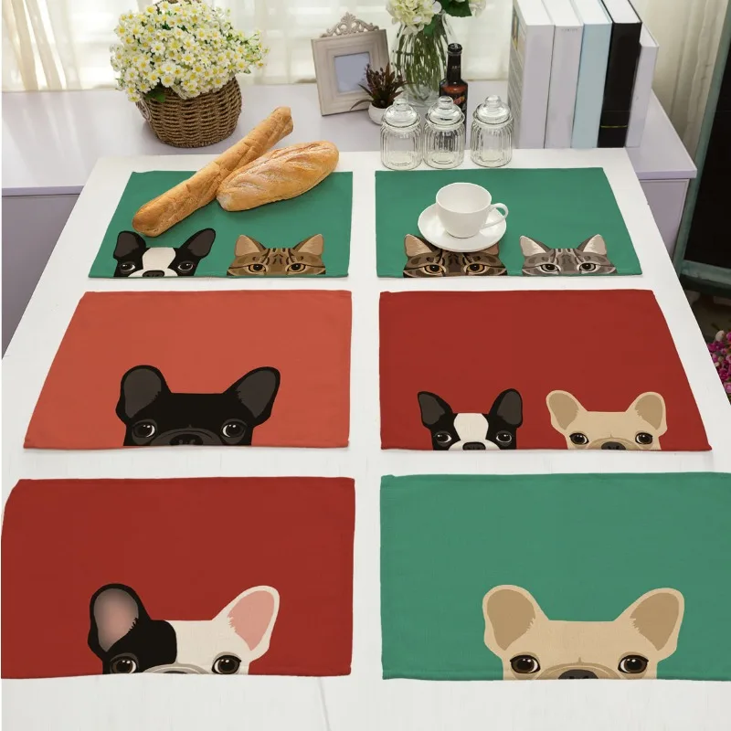 

4/6/8 шт. однотонные подставки для столовых приборов с героями мультфильмов 30*45 см льняные подставки для столовых приборов с рисунком кота и собаки, коврики для столовых приборов для вечеринки, кухни, свадьбы, обеденного декора
