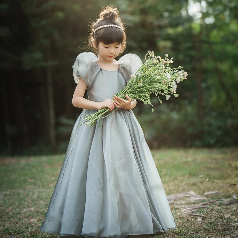 2024Gray Dress Skirt Girl Backless Floor-Length Performance Birthday Long Princess Dress