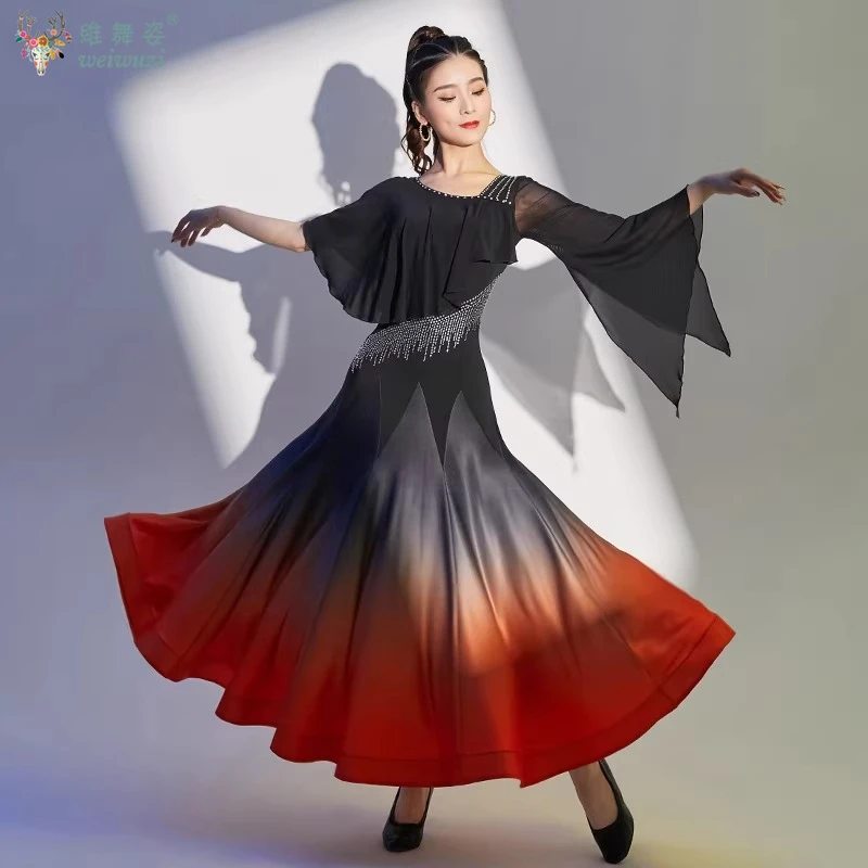 

Современное танцевальное платье: новая модель, стандартное для вальса, для соревнований и выступлений, элегантное градиентное платье для дружеских танцев