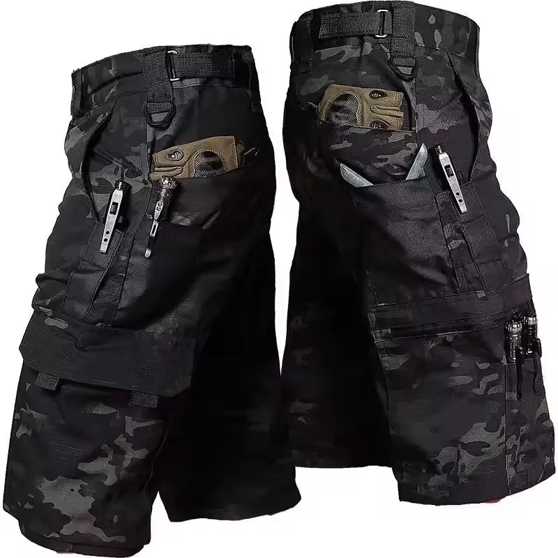 Military Green Outdoor Work Pants Men's Camouflage Solid Color Training Shorts Summer Multi Mouth Bag Military Style Shorts