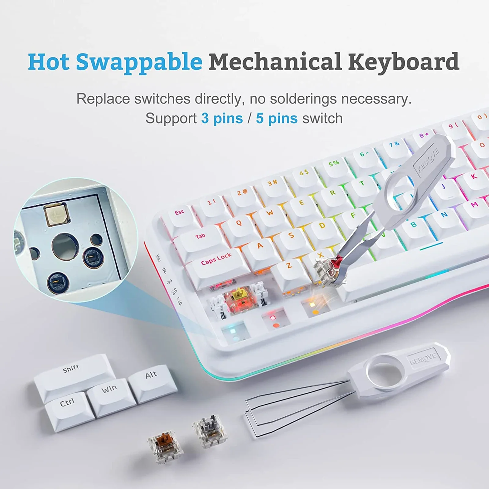 Imagem -02 - Kemove-teclado Mecânico Bluetooth sem Fio K68 Modo 68 Chaves Rgb Hot-swappable 2.4g Compatível com Win Mac Ipad