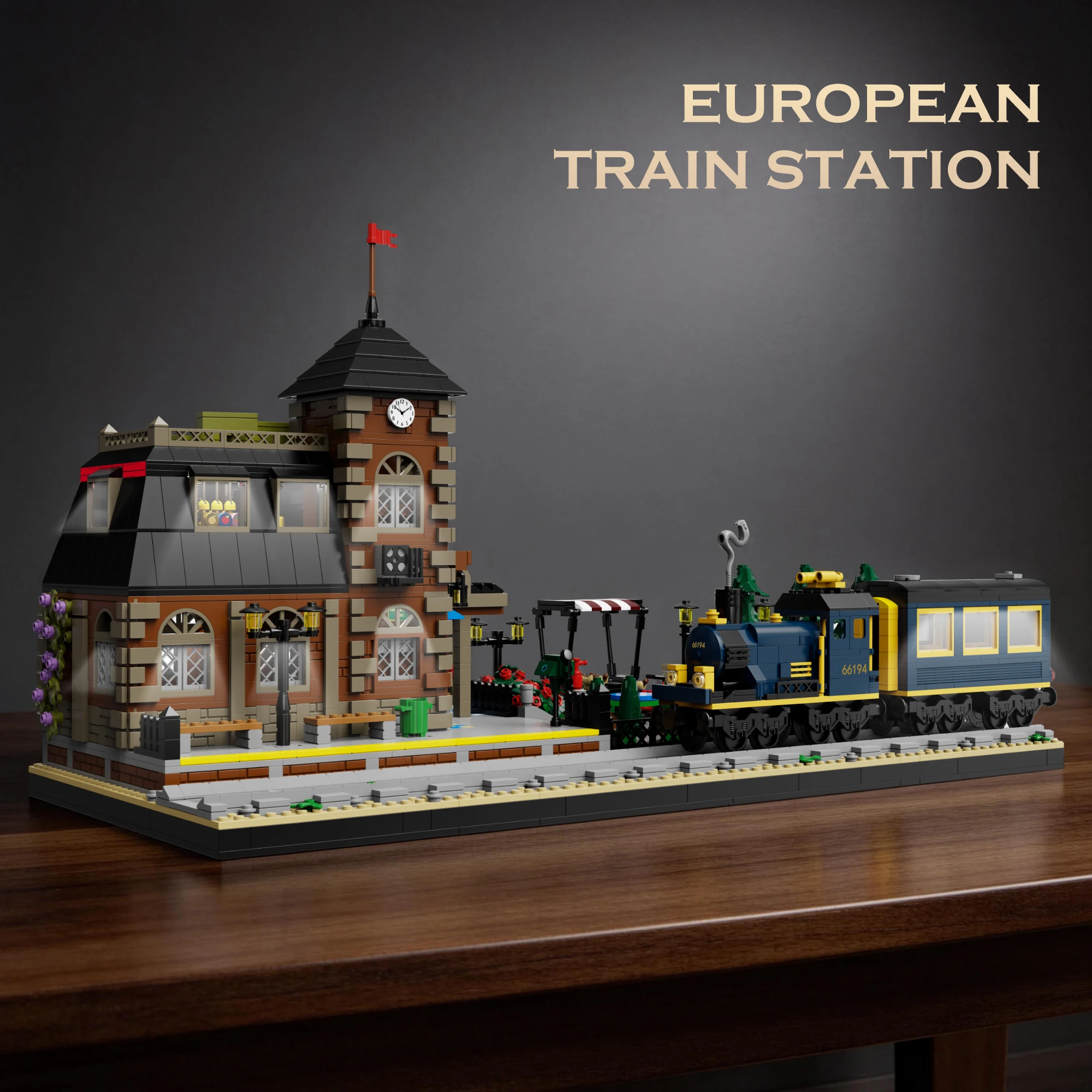 

66194 European-style train station with lights, building blocks set, DIY street scene model toy, ornament, birthday gift