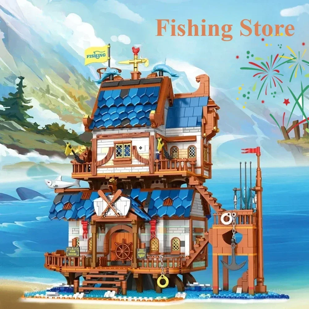 

Medieval Architecture Street View Building Blocks Fishing House MOC Model Bricks Toys Desktop Decor Christmas Gift For Kids Boys