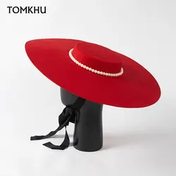 Moda zimowe damskie szerokie rondo 100% wełna luksusowe kapelusze kapelusz ślubny płasko zakończony kapelusz Fedora dla kobiet kapelusze kościelne francuska elegancka czapka