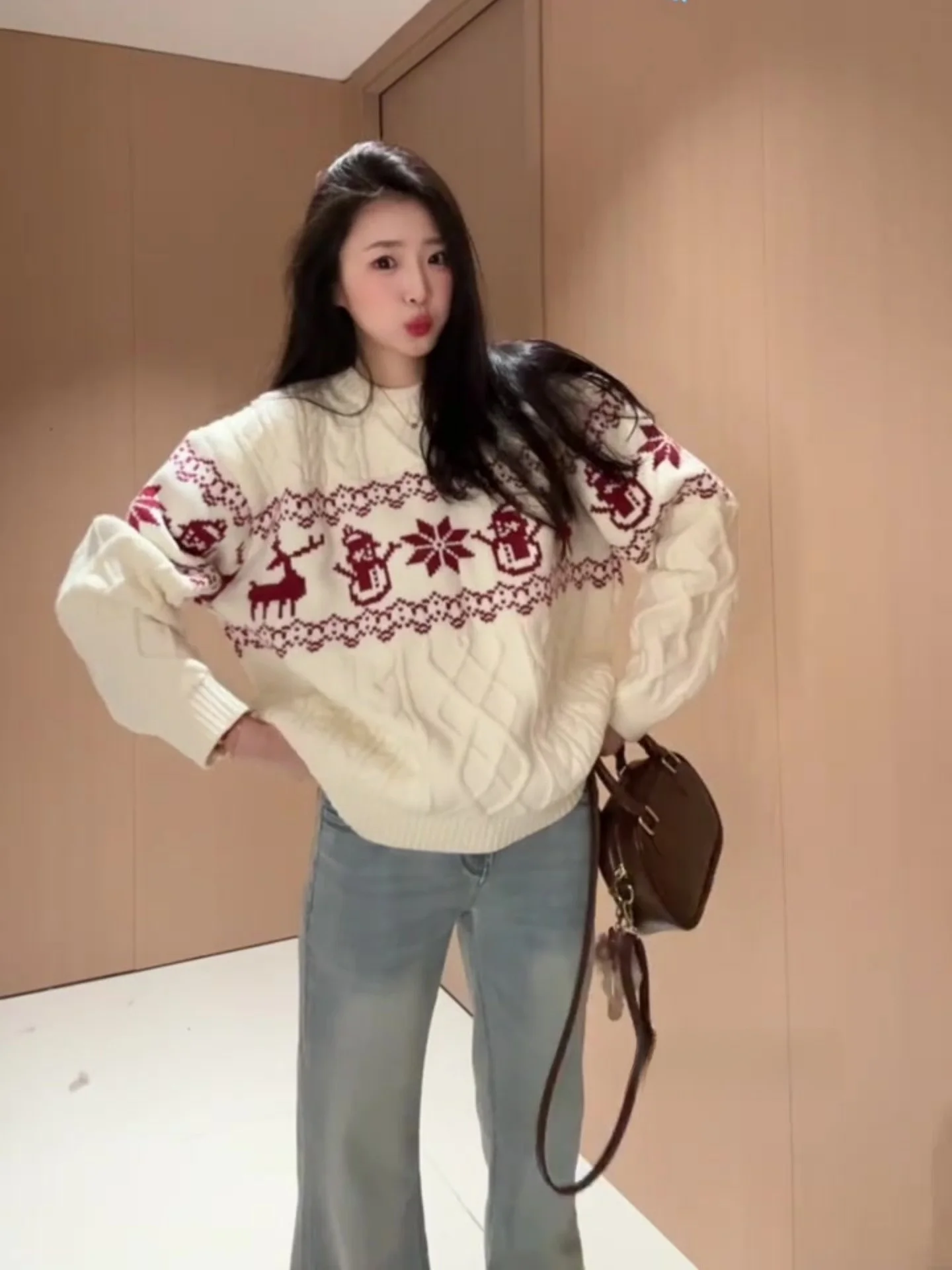 

Cisas Aosphere Fair Isle круглый вязаный свитер женский зимний Thi Lazy Sle винтажный топ корейский Sle для поездок на работу