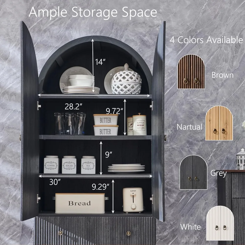 

71" Tall Arched Pantry Cabinet, Fluted Kitchen Storage Cabinet with Adjustable Shelves and 2 Large Drawers, Customized