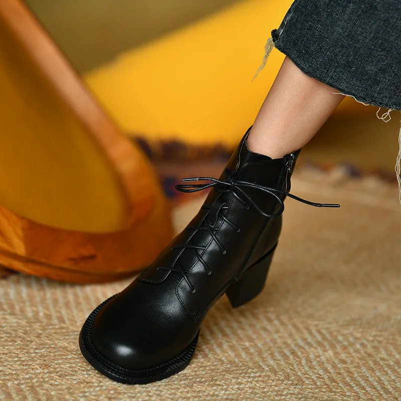 Women Retro Boots Round Toe Lady Street Shoes Cowhide Winter Boots Side Zippers Woman Shoes Thick Square Heel  5.5 CM