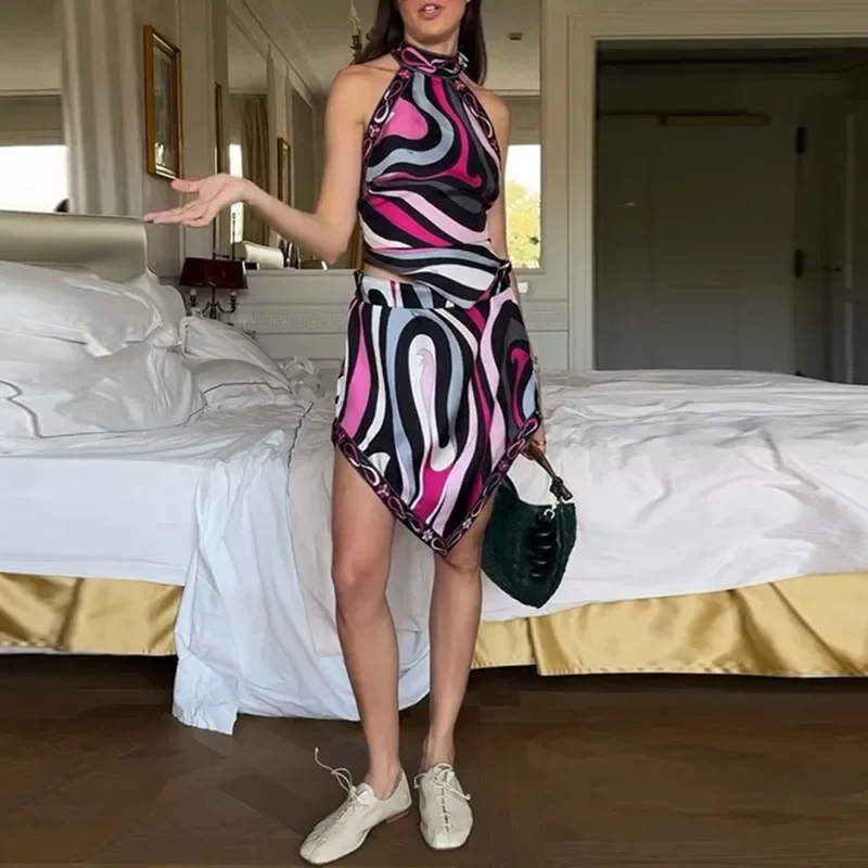 Elegante cetim praia conjunto casual impressão férias roupas femininas vintage rendas até sem costas halter topo + meia saia irregular 2 peças terno