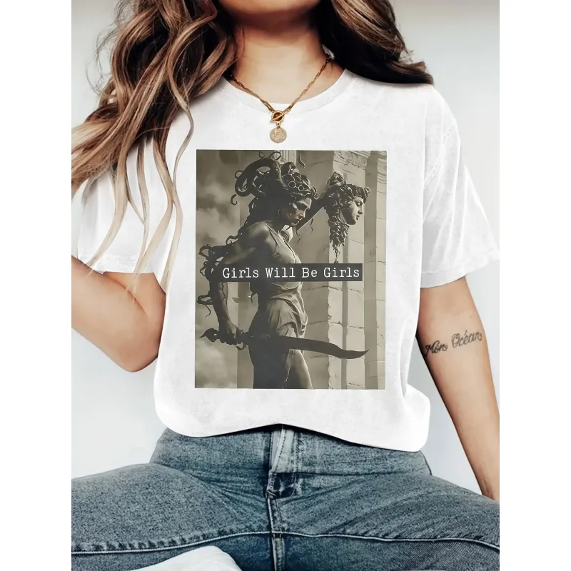 Landscape Artwork Printed Round Neck T-shirt, Spring and Summer Casual Short-sleeved T-shirt, Women's Clothing