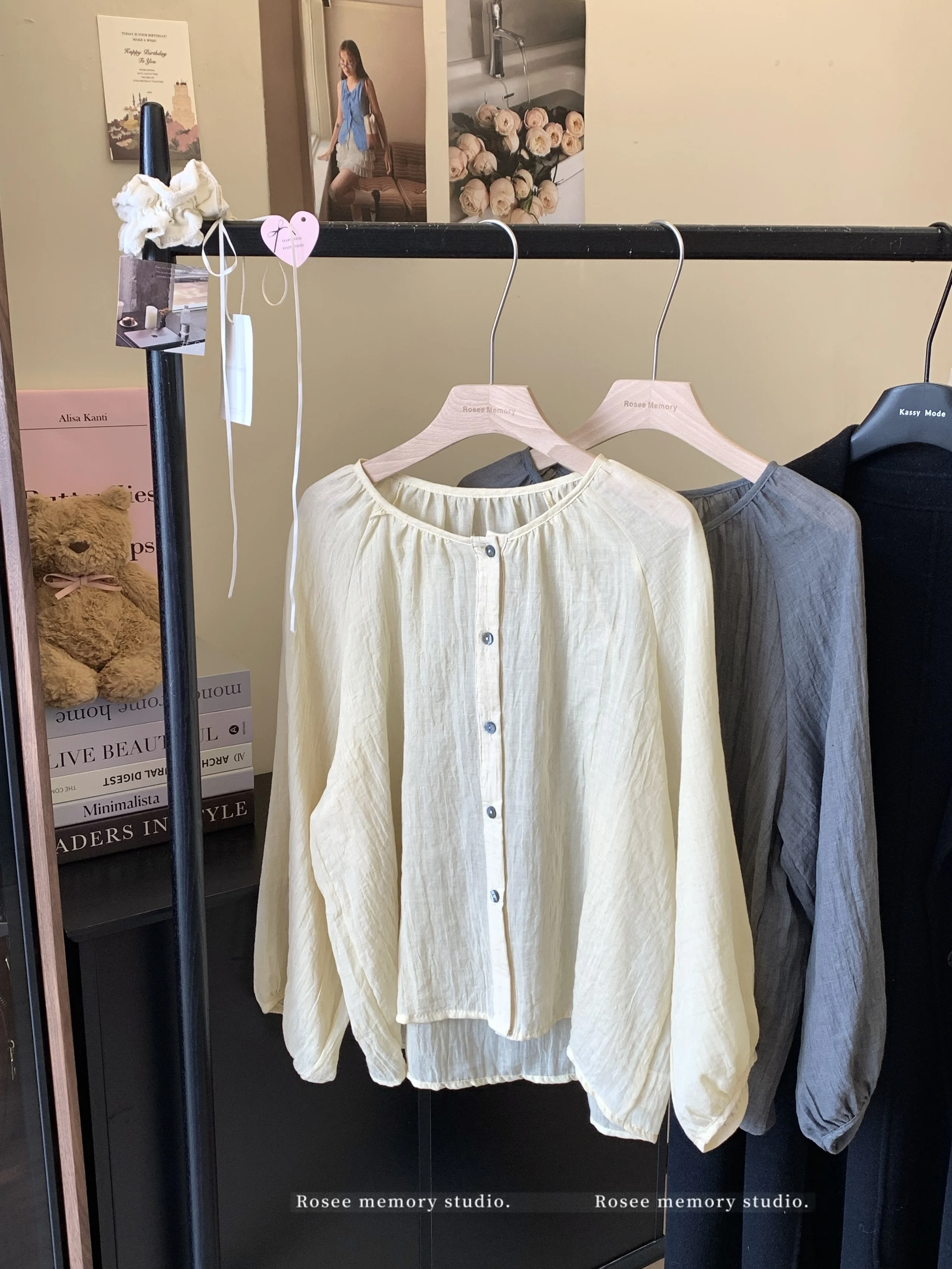 Lightweight Loose Fit round Neck Sun Protection Shirt Women's Korean Style Pure Color Long Sleeve Lantern Sleeve Shirt