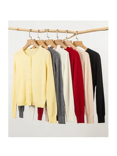SuyaDream, Cardigans For Woman, 100%Merino Wool, Round Collar, Solid Plain Sweaters, 2024 Fall Winter Jackets, Beige, Black - Image 6