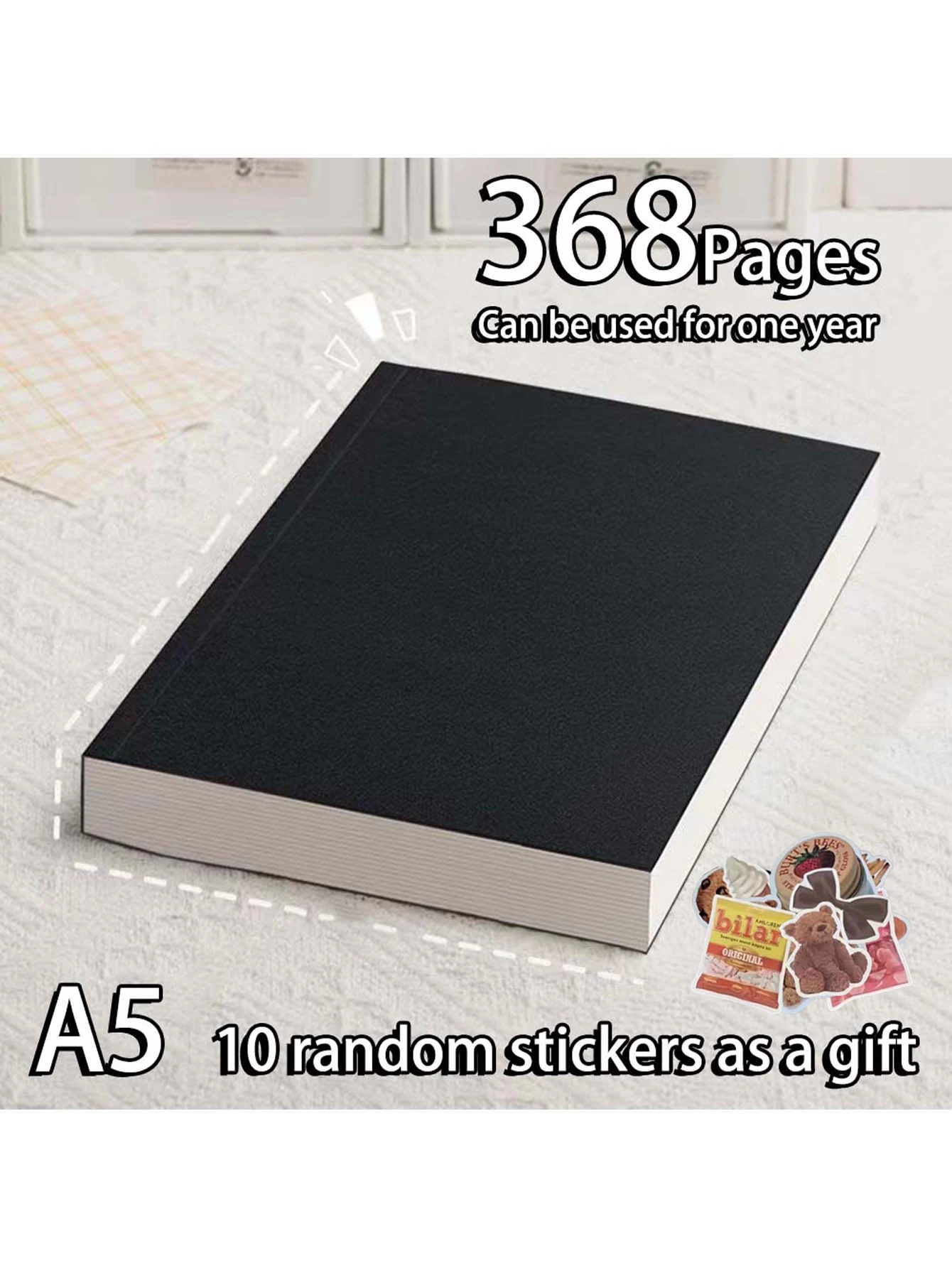 Page weight 80 grams, 368 pages black card kraft paper cover blank inner core soft copy thick notebook, randomly sent 10 sticker