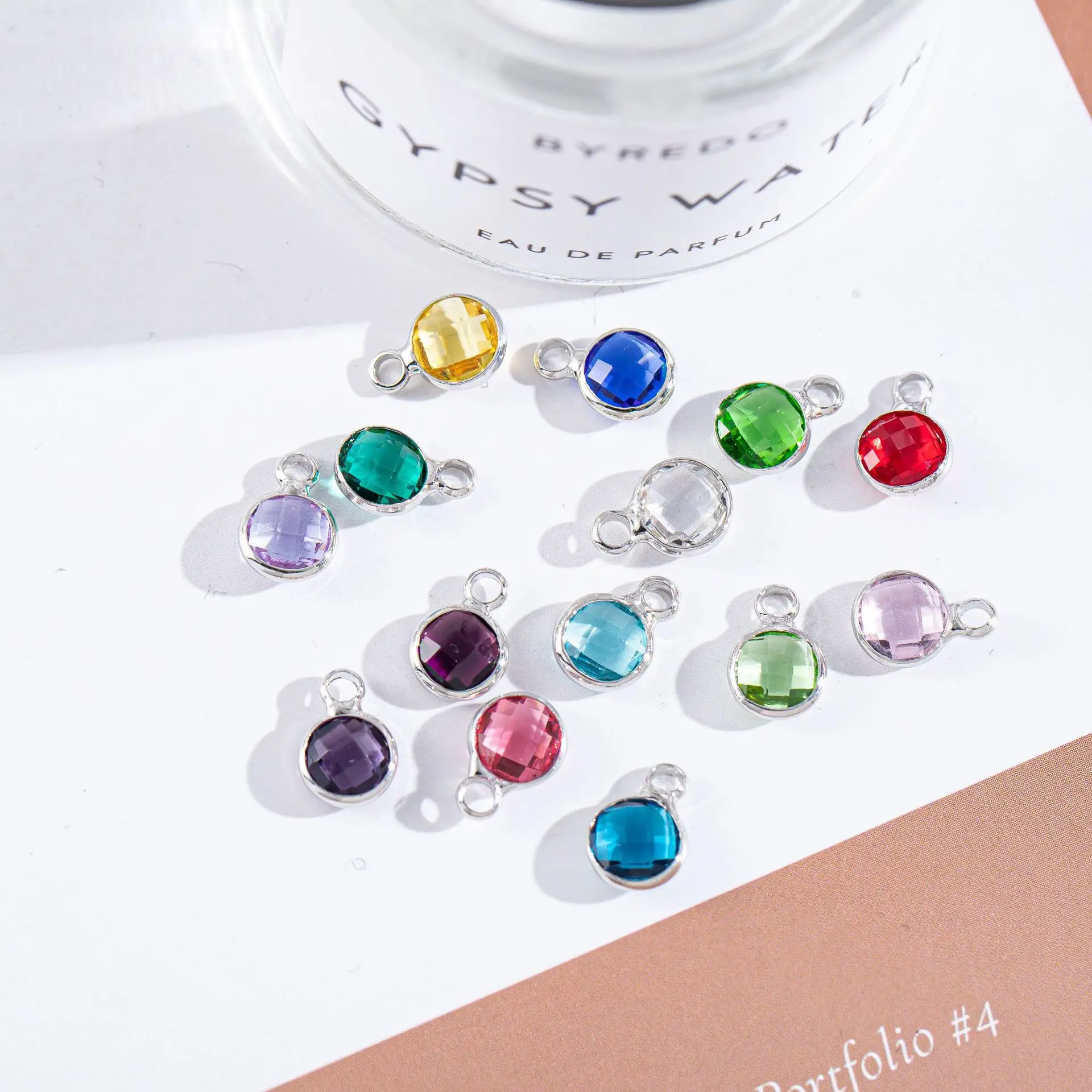 50pcs/ Bag  Silver edge inlaid with colorful crystal circular single pendant DIY earrings necklace bracelet accessories