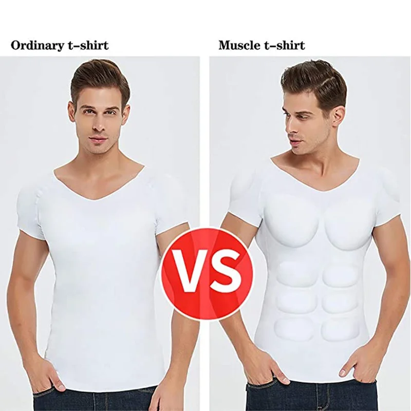 Homem invisível falso peito de engorda fina elástica destacável músculos abdominais gelo seda shaper secagem rápida de fundo camiseta