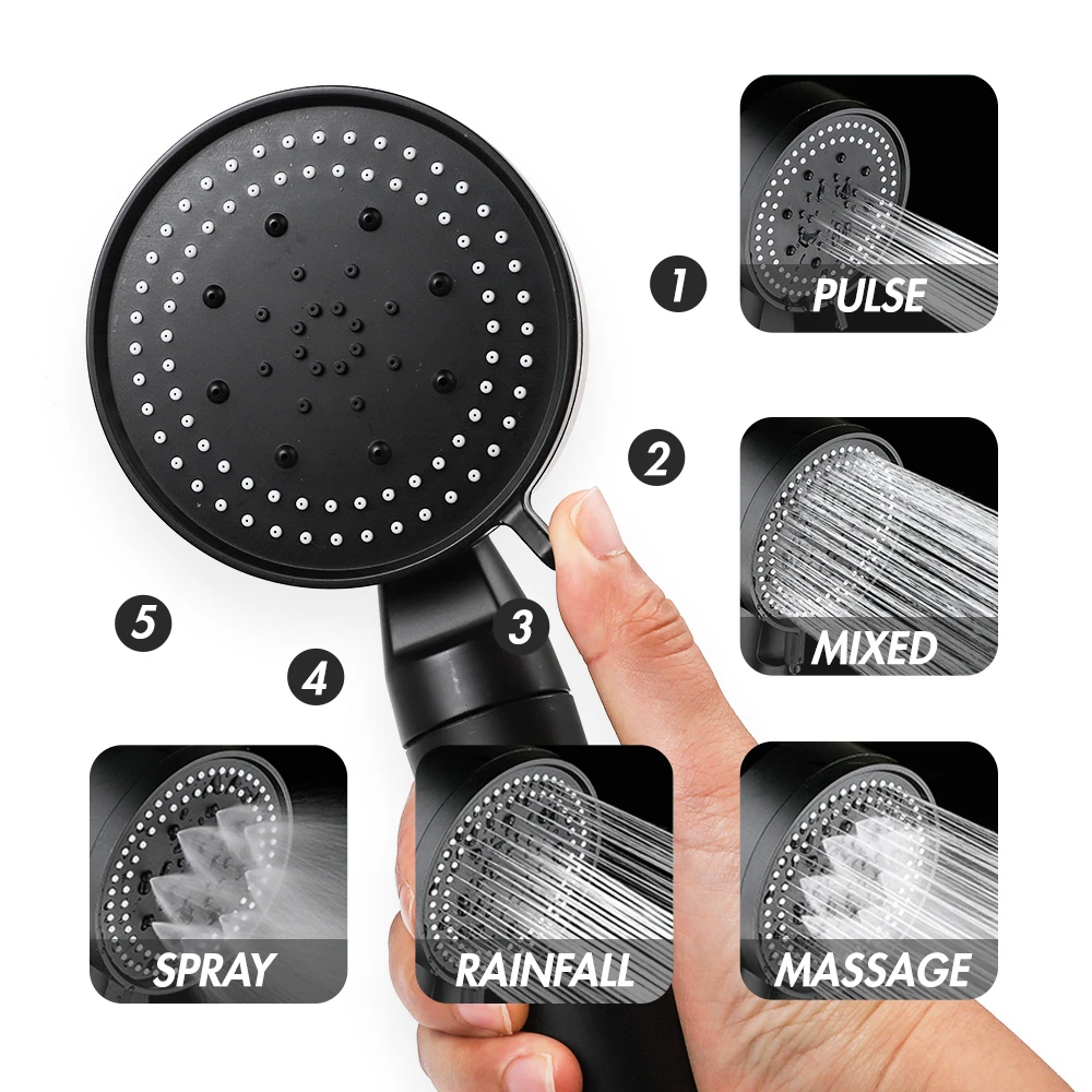 High Pressure Shower Head 5 Settings Handheld Showerhead with ON/Off Full Shutoff Push Button Switch Control Flow Water Saving