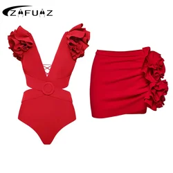 2024 costumi da bagno donna costume intero arruffato Hollow Bandage stampato bikini con maniche a sbuffo Set costume da bagno estivo da spiaggia