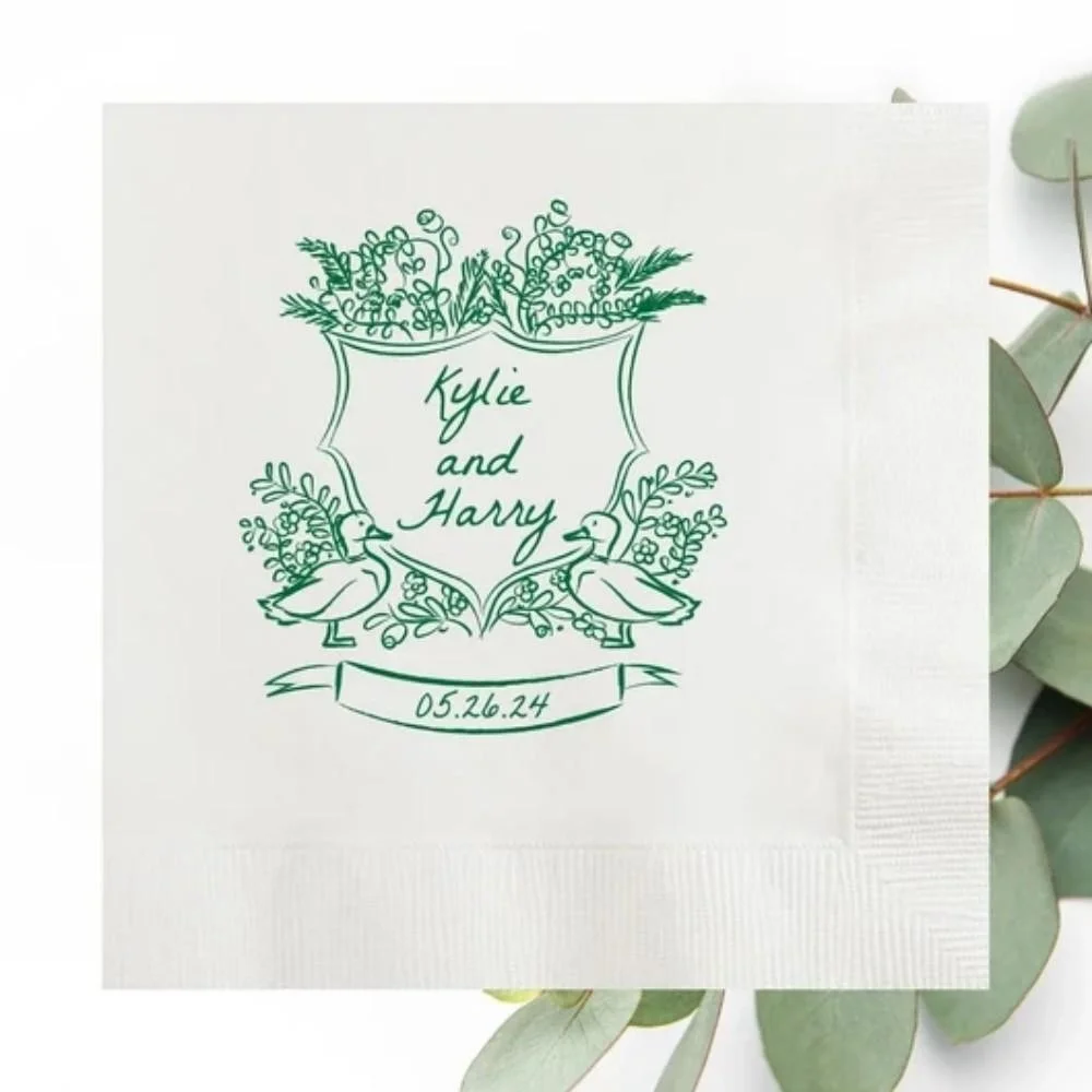 Servilletas personalizadas Crest caprichoso dibujado a mano con patos, Servilletas con escudo con nombres personalizados, fiesta de compromiso, renovación de voto, aniversario