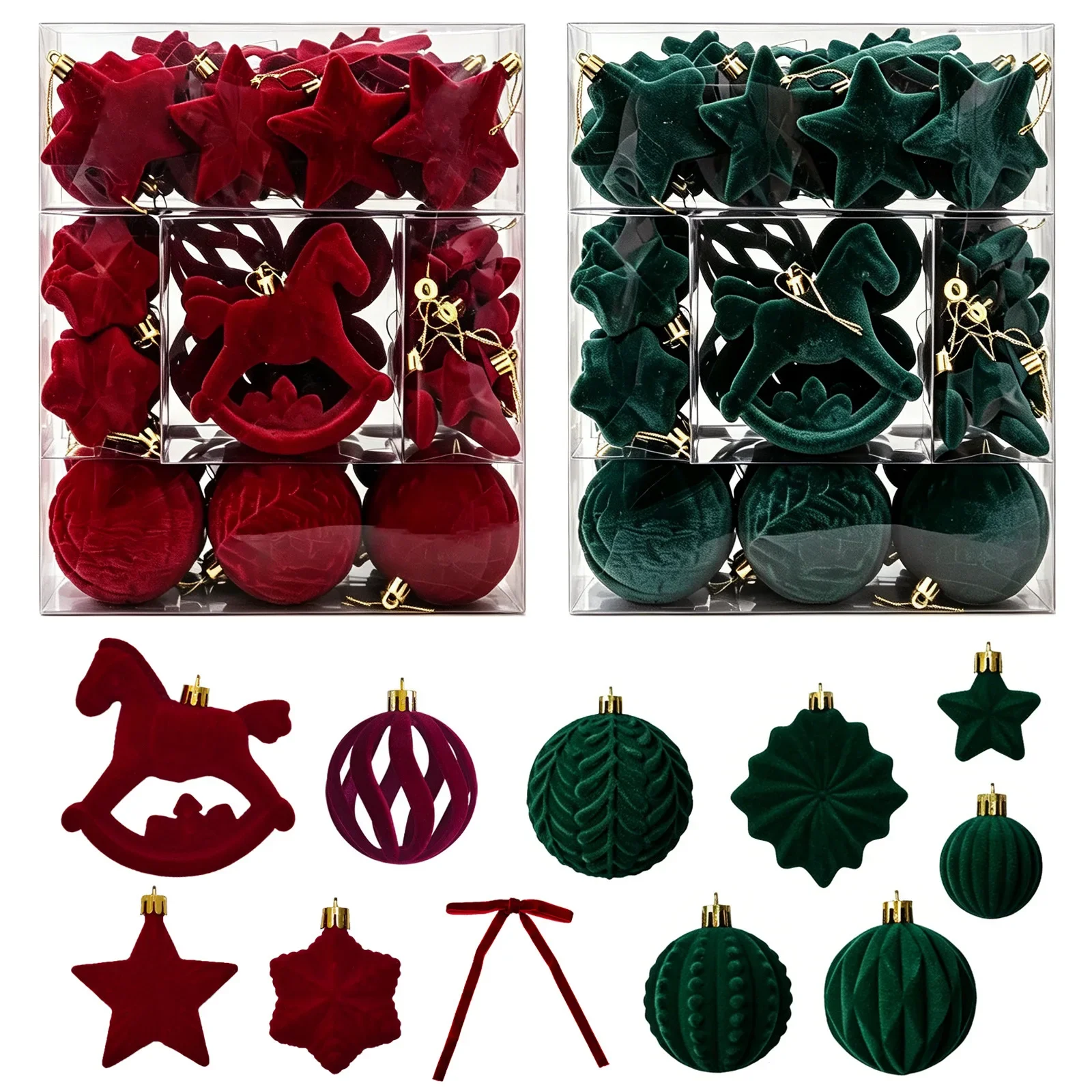 58PCS Burgundy/Dark Green Flocked Christmas Ball Set Openwork Christmas Balls Bows Rocking Horse Xmas Ornaments Decor
