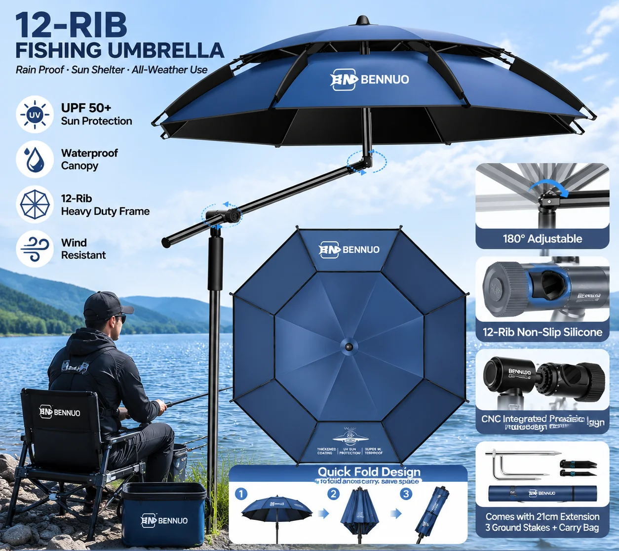 2026 New Large Multi-Angle Fishing Umbrella Unisex, Heavy Rainproof Outdoor Sun Shade for Anglers, Scratch-Resistant Durable