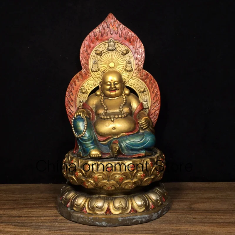 29cm Bronze gilded gold colored painting of Maitreya Buddha ornaments  laughing Buddha big belly Buddha statue