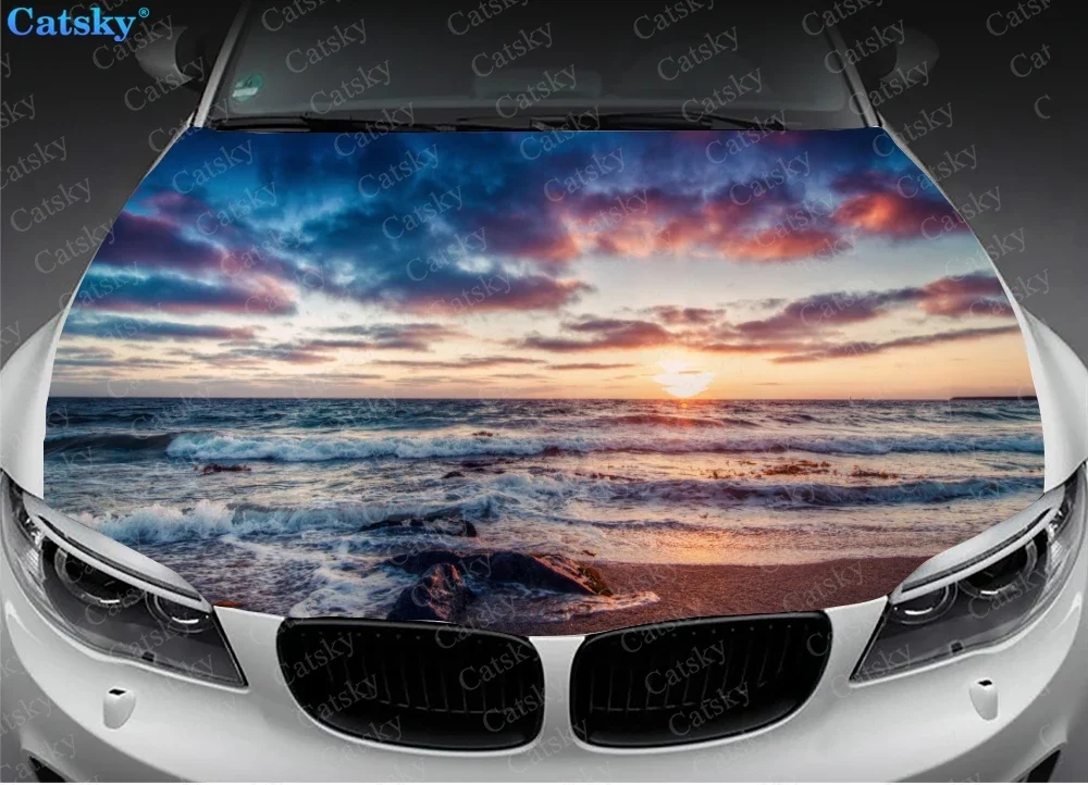 Seaside Sunset Cloud Custom Car Hood Vinyl Sticker Wrap Film Engine Cover Decal Protect Sticker Car Accessories Decoration Gift