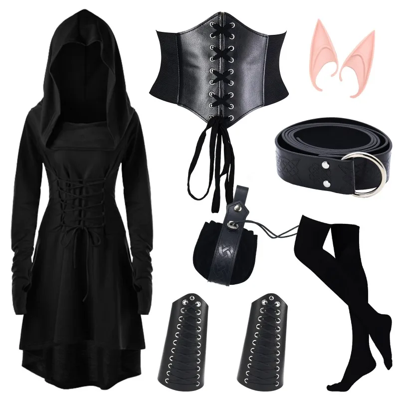 Medieval Viking Women's Cosplay Performance Costume Set Dress + Accessories Prop