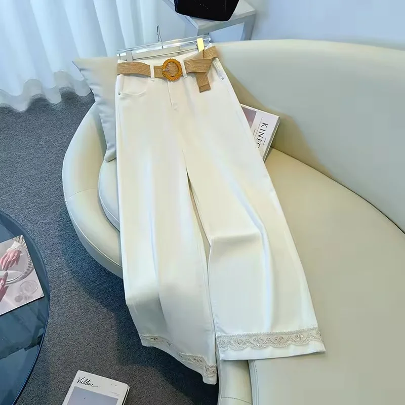 جديد صيف 2026 جينز نسائي واسع الساق رفيع عالي الخصر من الدانتيل سروال مستقيم للسيدات فضفاض غير رسمي مناسب لجميع المباريات بنطلون نسائي #3