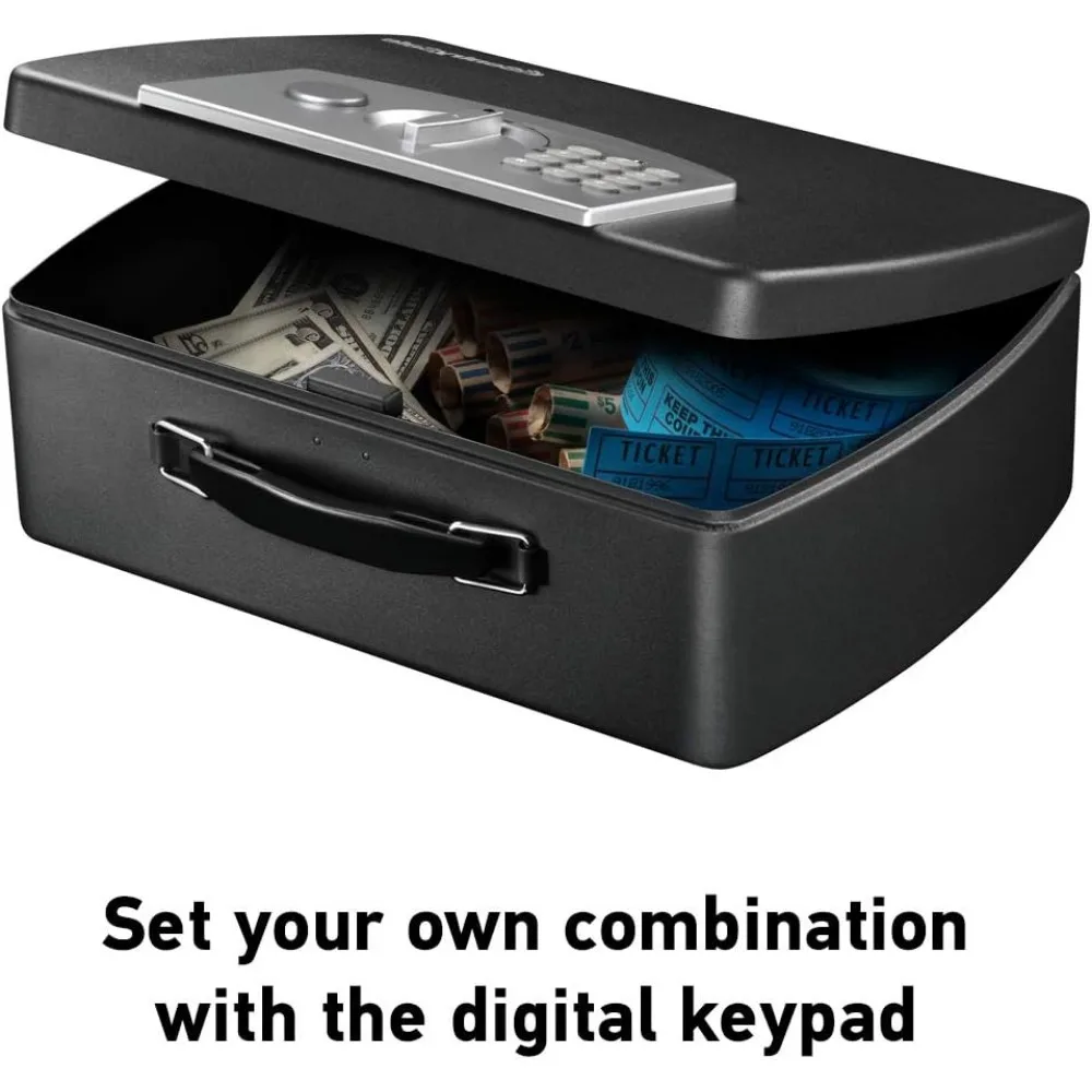 Cassetta di sicurezza nera portatile con serratura a tastiera digitale, piccola cassaforte da viaggio in acciaio con maniglia per il trasporto di denaro, 0,21 piedi cubi