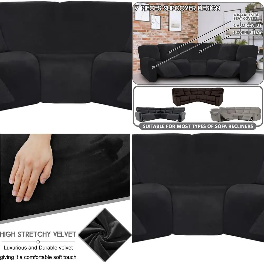 

7-Piece L-Shape Sectional Recliner Sofa Covers Velvet Stretch Couch Covers Thick Soft Washable Black 5 Seat Cover