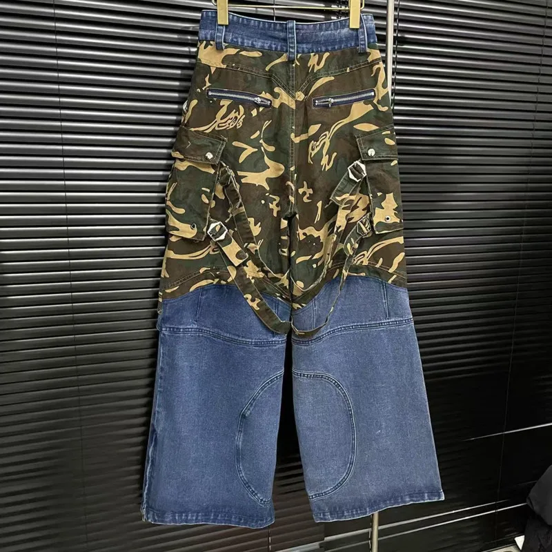 ANJY Spring Autumn New Women Safari Style Design Spliced Camouflage Denim Pants Niche Casual Loose Chic Straight Leg Jeans A7168