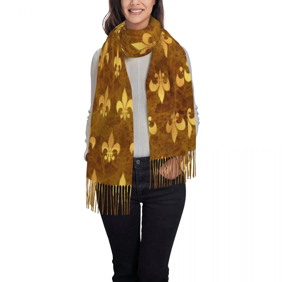 Custom Printed Royal Gold Brown Marble Fleur De Lis Scarf Women Men Winter Fall Warm Scarves Lily Flower Shawls Wraps