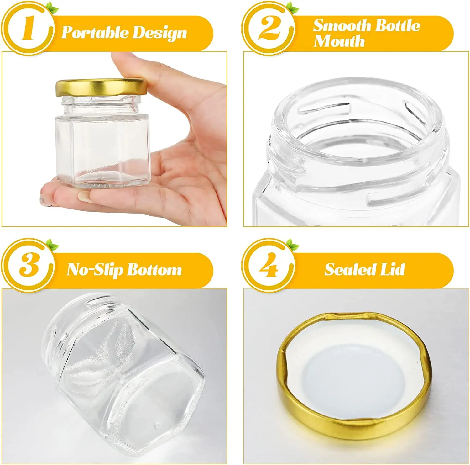 20Pack Hexagon Mini Glass Honey Jars with Wooden Dipper Gold Lids Gold Bee Pendants Jutes for Baby Showers Wedding Favors