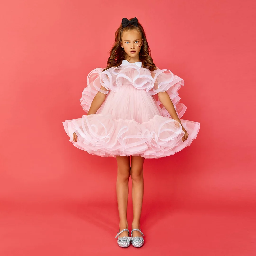 Sweety Ruffled Tulle Kids Birthday Party Dress Pink Girls Tulle Super Fairy Princess Dresses Fly Sleeve Cake Ruffled Child Dress