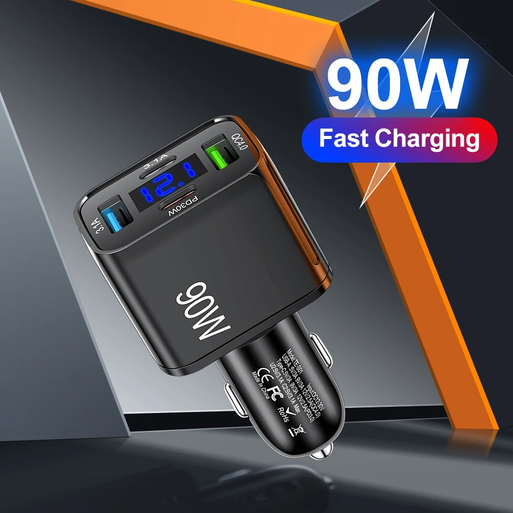 

4 in1 90W Car Charger PD USB QC4.0 Quick Charge Phone Charging Cigarette Lighter Adapter Digital DisplayFor iPhone Xiaomi Huawei