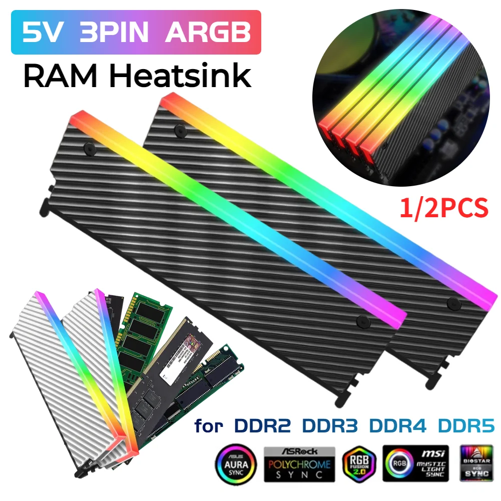 

5V 3PIN ARGB DDR Радиатор Aura Sync DDR Память ОЗУ Кулер с термосиликоновой прокладкой для памяти DDR2 DDR3 DDR4 DDR5 Настольный ПК