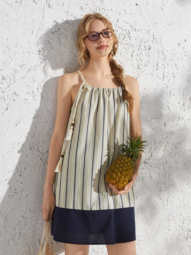 

Bobbybecky Holiday Casual Loose Cotton A-Line Strap Dress Soft Medium Polyester Blend Summer Season Drawstring Style round Neck