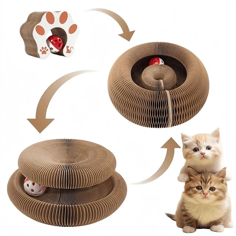 Arranhador Dobrável para Gatos com Sino e Catnip - Brinquedo de Papelão Multinível para Gatinhos, Afiador de Garras Durável