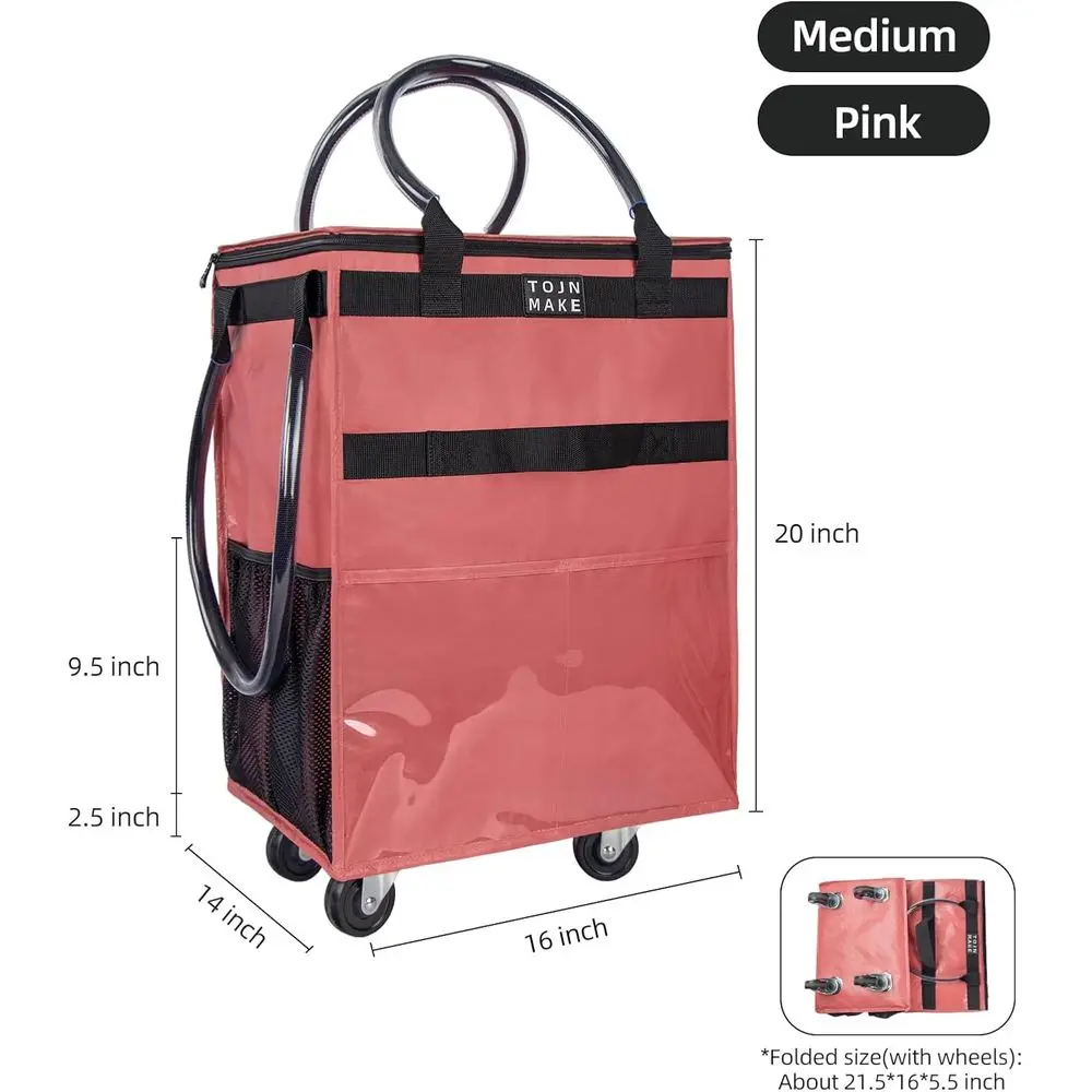 حقيبة تسوق بعجلات قابلة لإعادة الاستخدام مع 8 جيوب، بسحاب، تحمل 46 رطلًا، قابلة للطي، شديدة التحمل، لون وردي متوسط