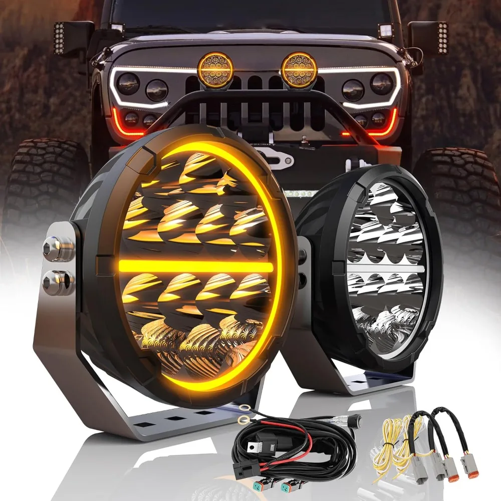 

Pair of 9 140W LED Offroad Lights with Wiring, White Amber DRL, 28000LM Long Range Spot Beam