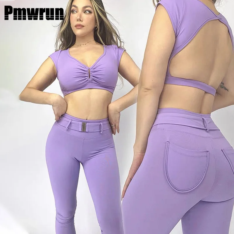 

Pmwrun однотонный костюм для йоги, комплект из 2 предметов для женщин, спортивный жилет персикового цвета, быстросохнущие брюки для бега, фитнеса, тренажерного зала, женская одежда