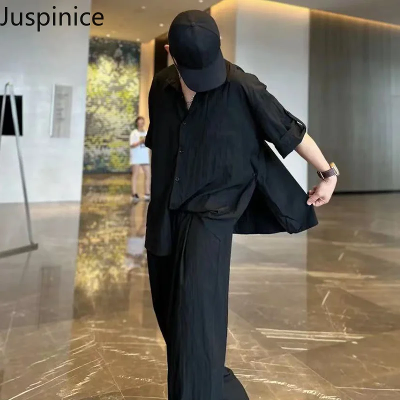 Summer Lapel Simple Solid Short-sleeved Shirt Trousers Suit Men’s Handsome Loose Casual High Street Personalized Tops Pants Set - Image 5