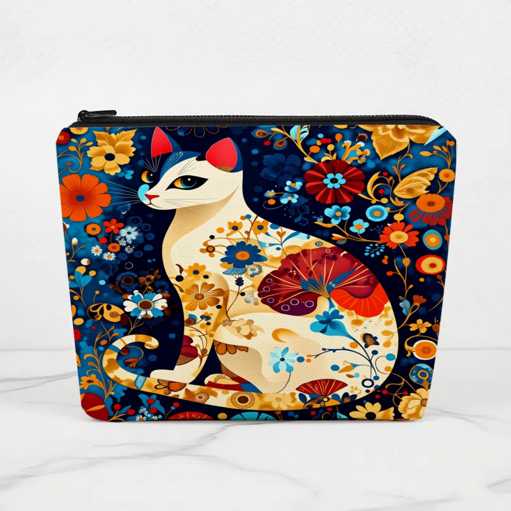 Colorful Cat Floral Pattern Design Makeup Bags for Girls Cosmetic Pouch Toiletry Bag Pencil Case Travel Storage