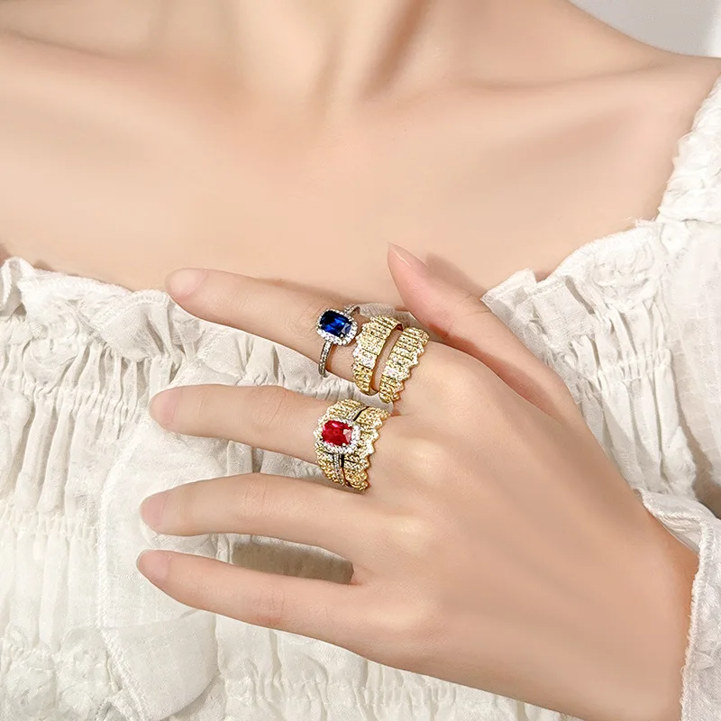 2‑in‑1 Stackable Ring Set Cushion Cut Red CZ Castle Textured Halo Pave Crystal French Luxury Women Open Statement Jewelry