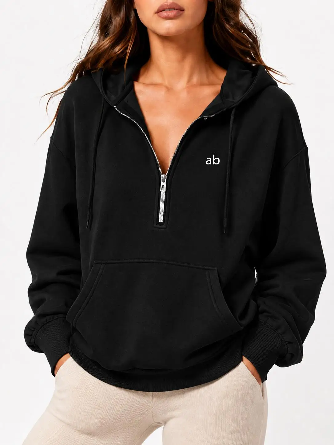 2026 Autumn New Style Loose-Fitting Hooded Half-Zip Pockets Autumn/Winter Casual Women's Sweatshirt for Sport Activities