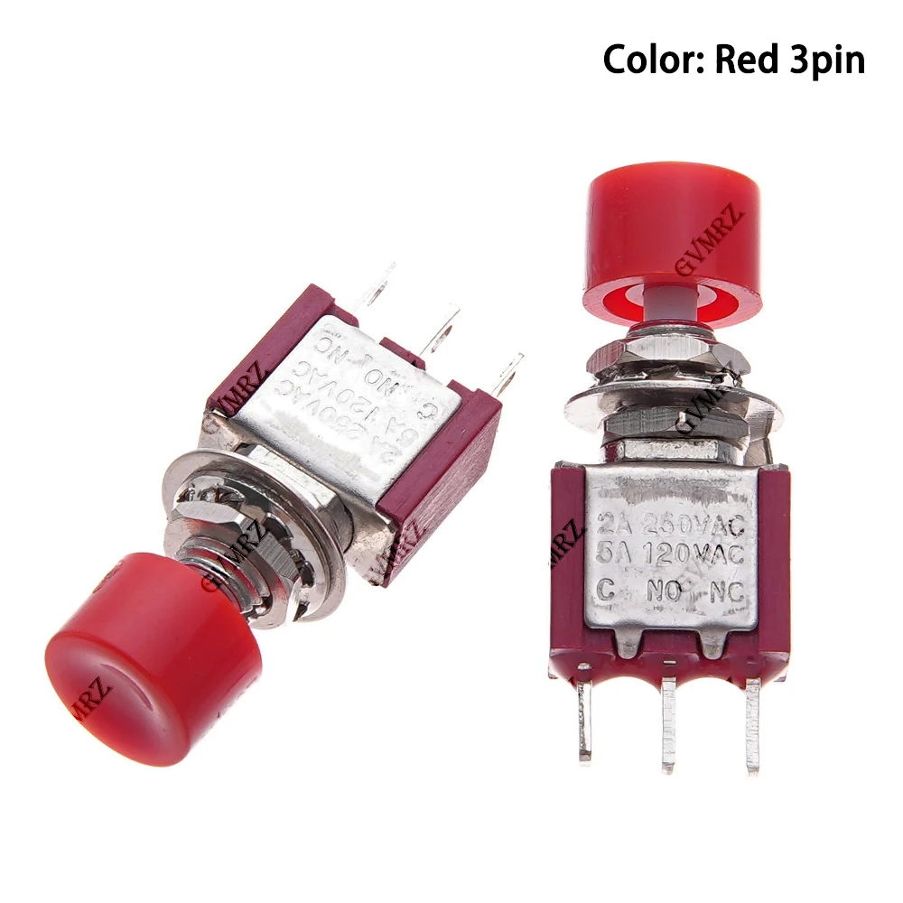 5PCS 2A 250VAC/5A 120VAC Button Switch 3Pin 6Pin C-NO-NC 6MM Mini Momentary Automatic return Push Button Switch ON-(ON) Red Cap - view 3